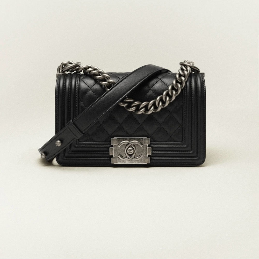 CHANEL Black Boy Handbag with Quilted Leather and Chain Strap